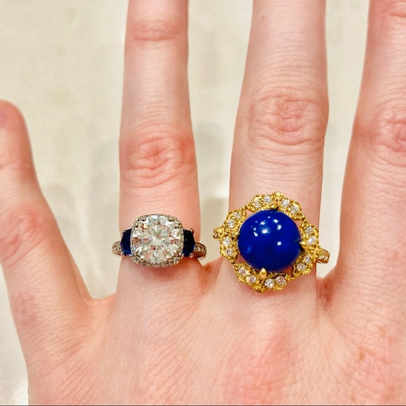 Cocktail Ring Size 6 Lapis Lazuli Cabochon & Diamonds - Picture 13 of 15